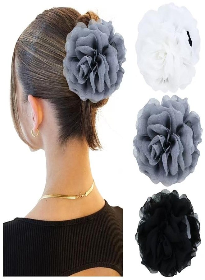 Dizila 3 Pieces Large Tulle Rose Flower Hair Claws Clips Floral Bun Updo Holders Hair Barrettes Headpieces for Women Girls (White+Gray+Black) - Image 1
